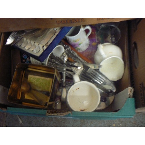 524 - 4 BOXES OF MIXED KITCHENWARE PLATES, SCALES, CLOCKS, ETC