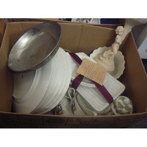 524 - 4 BOXES OF MIXED KITCHENWARE PLATES, SCALES, CLOCKS, ETC