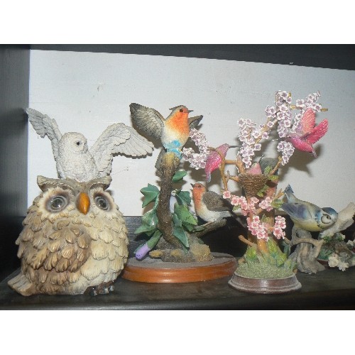 515 - SHELF OF RESIN AND CHINA BIRD ORNAMENTS