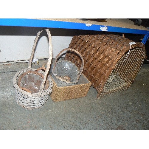 514 - WICKER PET CARRIER AND 5 SMALL WICKER BASKETS