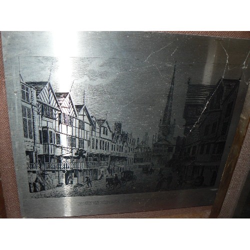 509 - 2 METAL ENGRAVED PICTURES IN FRAMES - THE QUEENS HORSES AND ROWS IN BRIDGE STREET CHESTER 1800