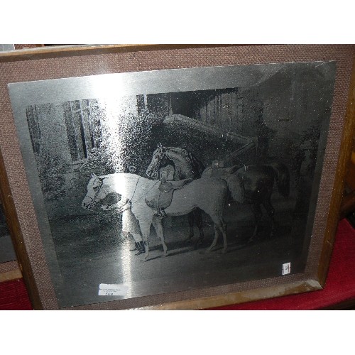 509 - 2 METAL ENGRAVED PICTURES IN FRAMES - THE QUEENS HORSES AND ROWS IN BRIDGE STREET CHESTER 1800