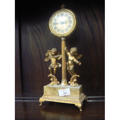 504 - BEAUTIFUL ONYX BASE AND GILT CLOCK WITH 2 CHERUBS