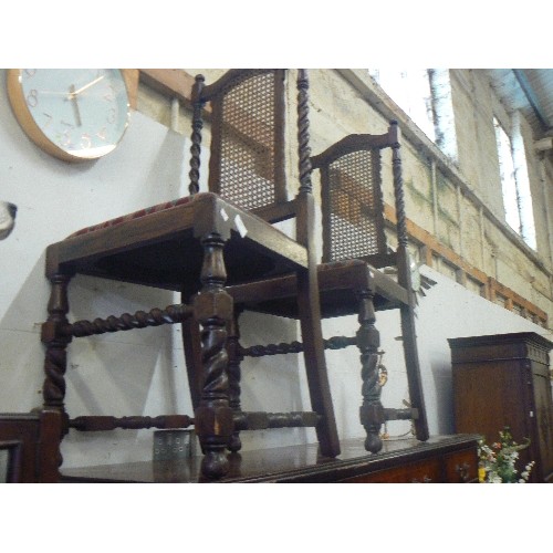 492 - PAIR OF 1920'S JACOBEAN STYLE OAK ARMCHAIRS, WITH BARLEY TWIST TURNING, AND CANEWORK BACK PANEL.