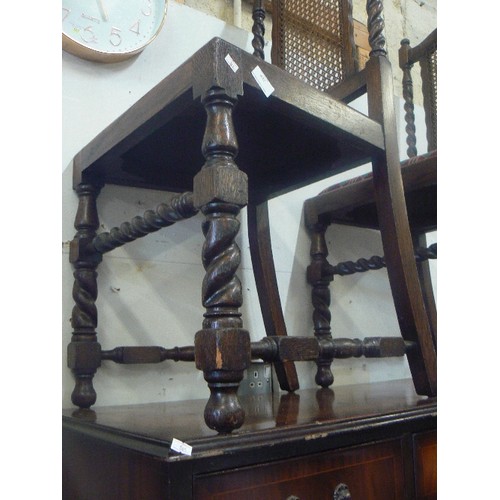 492 - PAIR OF 1920'S JACOBEAN STYLE OAK ARMCHAIRS, WITH BARLEY TWIST TURNING, AND CANEWORK BACK PANEL.