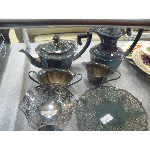 443 - ART DECO STYLE SILVER PLATE TEA AND COFFEE SET WITH 2 PIERCED TRAYS