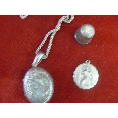 25 - A SILVER LOCKET ON CHAIN,  SILVER THIMBLE, ST CHRISTOPHER