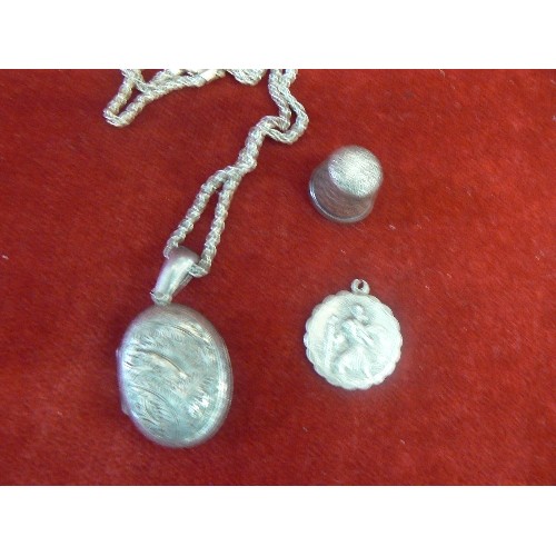 25 - A SILVER LOCKET ON CHAIN,  SILVER THIMBLE, ST CHRISTOPHER