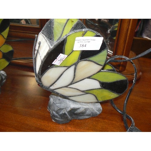 384 - TIFFANY STYLE BUTTERFLY LAMP. STAINED GLASS IN LIME & CREAM COLOURS.