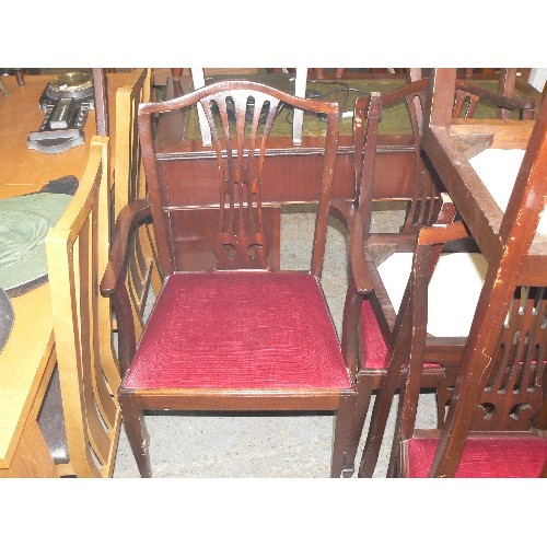 436 - SET OF 4 MAHOGANY EFFECT DINING CHAIRS WITH RED FABRIC SEAT PADS AND 2 CARVERS