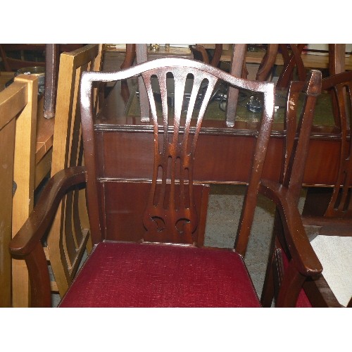 436 - SET OF 4 MAHOGANY EFFECT DINING CHAIRS WITH RED FABRIC SEAT PADS AND 2 CARVERS