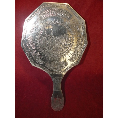 34 - VERY UNUSUAL SILVER EGYPTIAN HAND ETCHED HAND MIRROR 1920`S VERY DETAILED ENGRAVING UNMARKED NEEDS T... 