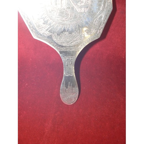 34 - VERY UNUSUAL SILVER EGYPTIAN HAND ETCHED HAND MIRROR 1920`S VERY DETAILED ENGRAVING UNMARKED NEEDS T... 