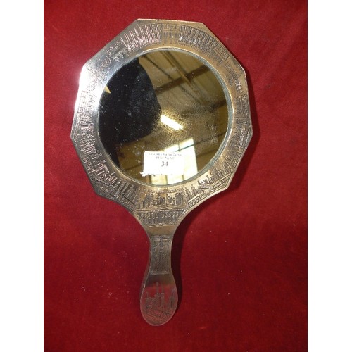 34 - VERY UNUSUAL SILVER EGYPTIAN HAND ETCHED HAND MIRROR 1920`S VERY DETAILED ENGRAVING UNMARKED NEEDS T... 