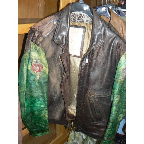 475 - LEATHER WAISTCOAT, LEATHER JACKET WITH DOLLAR AND GREEN SLEEVES AND LEATHER GALLANTO JACKET SIZE L