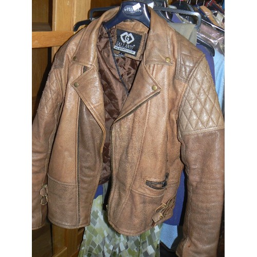 475 - LEATHER WAISTCOAT, LEATHER JACKET WITH DOLLAR AND GREEN SLEEVES AND LEATHER GALLANTO JACKET SIZE L