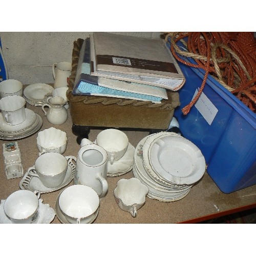 520 - 2 SHELVES OF MIXED ITEMS - CRESTEDWARE, BAGS, CHINA, ROPE ETC