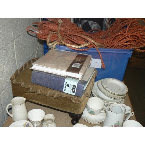 520 - 2 SHELVES OF MIXED ITEMS - CRESTEDWARE, BAGS, CHINA, ROPE ETC