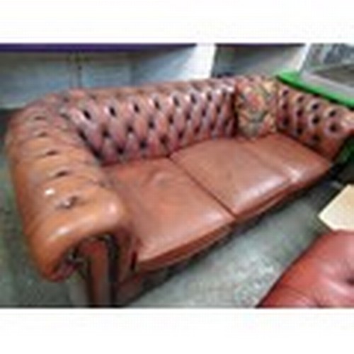 293 - VINTAGE OX-BLOOD LEATHER CHETERFIELD STYLE SOFA WITH LOW BUTTON BACK, & BRASS STUD DETAIL. LARGE 3 S... 