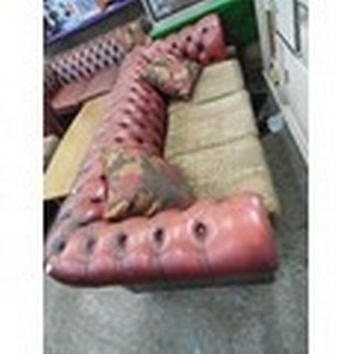 292 - VINTAGE OX-BLOOD LEATHER CHETERFIELD STYLE SOFA WITH LOW BUTTON BACK, & BRASS STUD DETAIL. LARGE 3 S... 