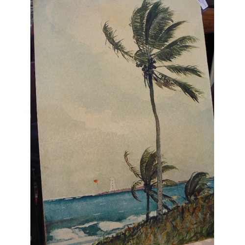 407 - PAINTING. 'PALM TREE-NASSAN' HOMER WINSLOW AND GEORGE V PRINT ON HORSE