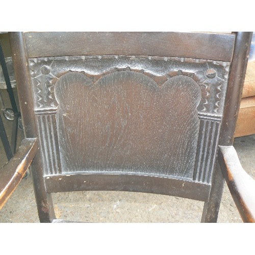 114 - VINTAGE OAK OPEN ARMCHAIR  WITH TAPESTRY SEAT