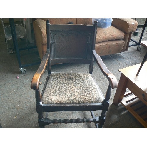 114 - VINTAGE OAK OPEN ARMCHAIR  WITH TAPESTRY SEAT