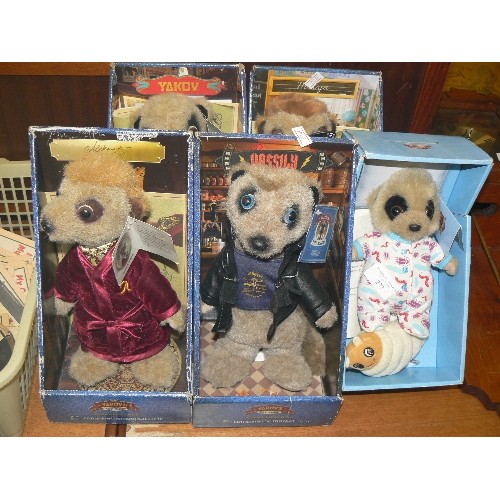 147 - SET OF 5 X MEERKATS FROM COMPARE THE MARKET. INC BABY OLEG, YAKOV, VASSILY ETC. WITH TAGS AND BOXES.