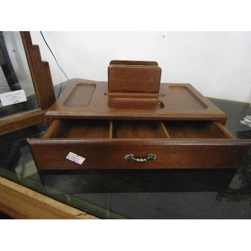 105 - ART DECO PHOTO FRAME, AND A WOODEN DESK STAND WITH DRAWER, LETTER RACK, PEN HOLDER ETC.