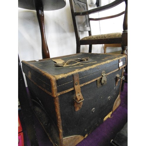 116 - VINTAGE ARMY & NAVY CANVAS & LEATHER TRUNK. GREEN VELVET-LINED.  MADE AT THE A&NCSL ARMY & NAVY CO-O... 