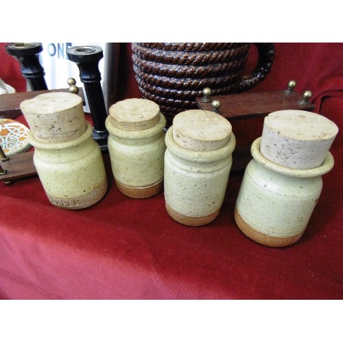 123 - MIXED LOT. INC LARGE HIP FLASK, BUDDHA, CERAMIC ROPE EFFECT JUG, STONEWARE SPICE JARS WITH CORK LIDS... 