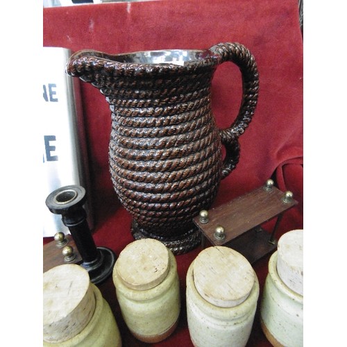 123 - MIXED LOT. INC LARGE HIP FLASK, BUDDHA, CERAMIC ROPE EFFECT JUG, STONEWARE SPICE JARS WITH CORK LIDS... 