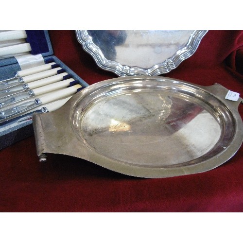 124 - 2 X SILVER-PLATED TRAYS 1929 & 1947. PRESENTED TO 'MR HUTLEY' ALSO A CANTEEN OF FISH CUTLERY.