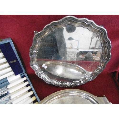 124 - 2 X SILVER-PLATED TRAYS 1929 & 1947. PRESENTED TO 'MR HUTLEY' ALSO A CANTEEN OF FISH CUTLERY.