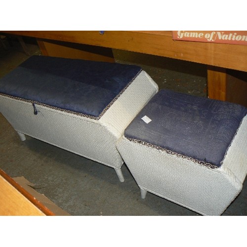 240 - LLOYD LOOM STYLE BLANKET BOX AND MATCHING WORKBOX/ SEWING BOX. PAINTED WHITE WITH NAVY FABRIC LIDS.