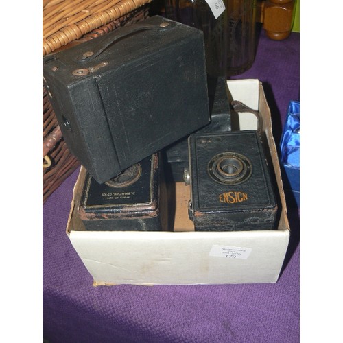 170 - 3 X VINTAGE BOX CAMERAS. AN ENSIGN 'ALL DISTANCE TWENTY' A KODAK-CANADA MODEL B-CARTRIDGE HAWK-EYE N... 