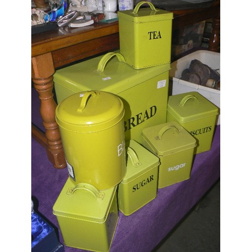 174 - SET OF LIME GREEN TIN BREAD BIN, COOKIE TIN AND KITCHEN CANNISTERS.