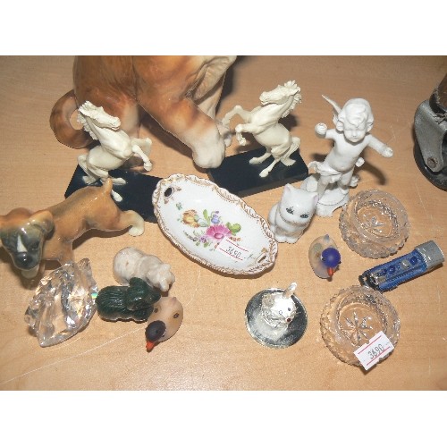 193 - WEST GERMAN-MADE BOXER DOG, MELBA-WARE CAT, DRESDEN TRINKET DISH, CRYSTAL MINIATURES ETC ETC.