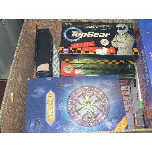 196 - BOARD GAMES CONTAINED IN VINTAGE SUITCASE. INC TOP GEAR TRIVIA CHALLENGE, JUNIOR SCRABBLE, WHO WANTS... 