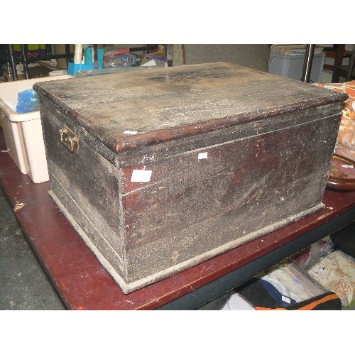 203 - VINTAGE WOODEN CHEST CONTAINING TRADITIONAL TOOLS, INC MALLET, SHEARS, HAMMERS, SAWS ETC ETC.