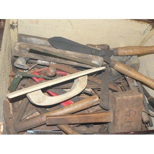 203 - VINTAGE WOODEN CHEST CONTAINING TRADITIONAL TOOLS, INC MALLET, SHEARS, HAMMERS, SAWS ETC ETC.