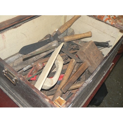 203 - VINTAGE WOODEN CHEST CONTAINING TRADITIONAL TOOLS, INC MALLET, SHEARS, HAMMERS, SAWS ETC ETC.