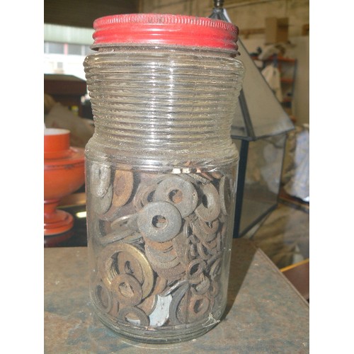 215 - CAST IRON TRIVET, EGG RACK, BOX OF DOUBLE-ENDED NAILS, ALL CONTAINED IN A VINTAGE WIRE BASKET.