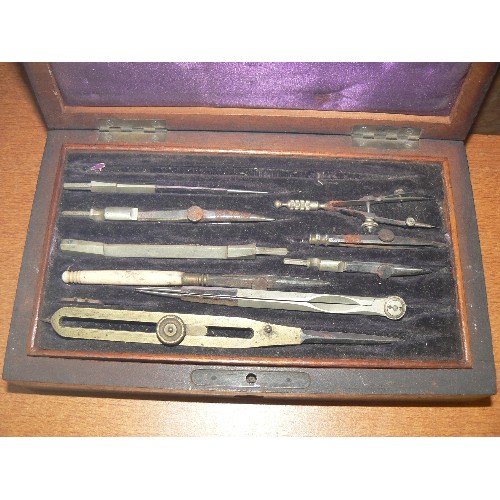 227 - VINTAGE BONE DOMINO SET IN SLIDE-LID BOX, ALSO MATHEMATICAL GEOMETRY SET/PENCIL BOX.