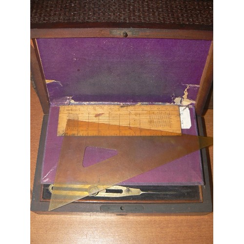 227 - VINTAGE BONE DOMINO SET IN SLIDE-LID BOX, ALSO MATHEMATICAL GEOMETRY SET/PENCIL BOX.