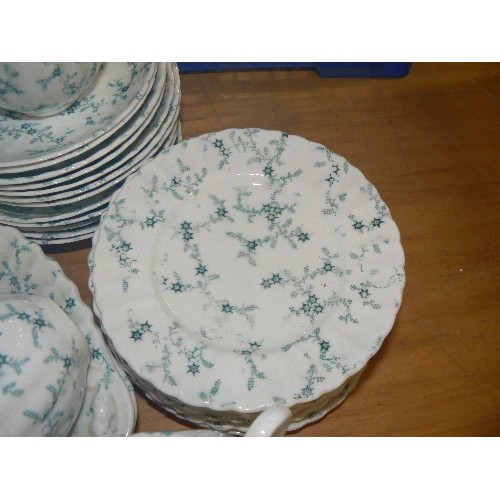 236 - DELICATELY PATTERNED VINTAGE CHINA TEA SERVICE. GREEN FOLIAGE ON WHITE. SERVING PLATES, TEA PLATES, ... 