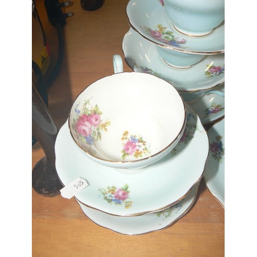 235 - FOLEY BONE CHINA. PRETTY DUCK-EGG BLUE WITH FLORAL DETAIL, GOLD EDGING. DUOS X 6.