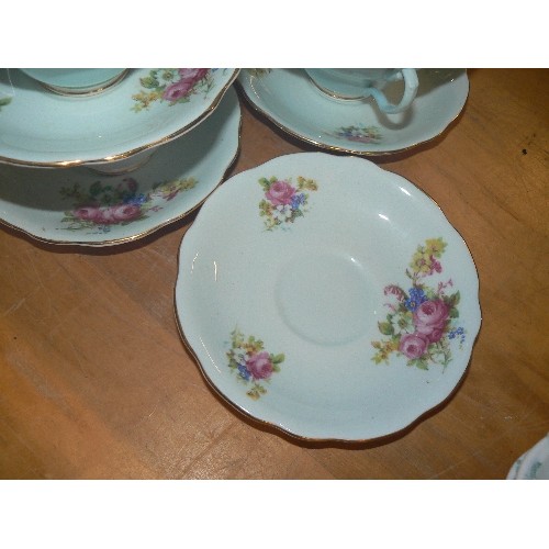 235 - FOLEY BONE CHINA. PRETTY DUCK-EGG BLUE WITH FLORAL DETAIL, GOLD EDGING. DUOS X 6.