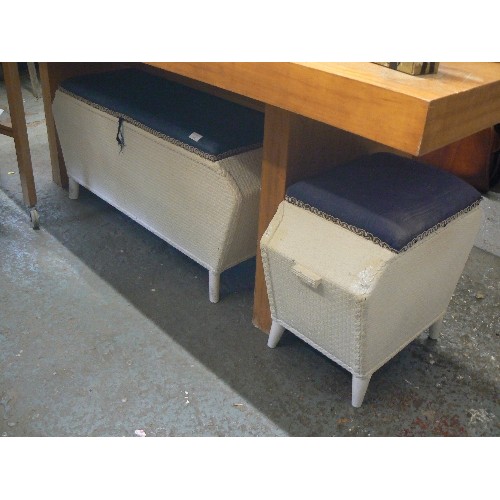 240 - LLOYD LOOM STYLE BLANKET BOX AND MATCHING WORKBOX/ SEWING BOX. PAINTED WHITE WITH NAVY FABRIC LIDS.