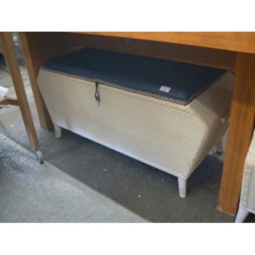 240 - LLOYD LOOM STYLE BLANKET BOX AND MATCHING WORKBOX/ SEWING BOX. PAINTED WHITE WITH NAVY FABRIC LIDS.